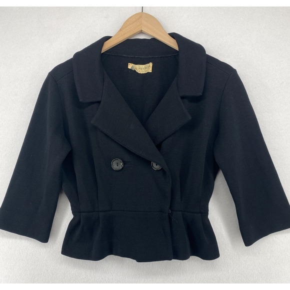 KIMBERLY Jacket 10 Pure Wool Ponte Double Breasted Crop 3/4 Sleeve Black VTG - Picture 1 of 13